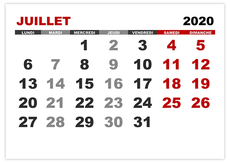 Calendrier juillet 2020