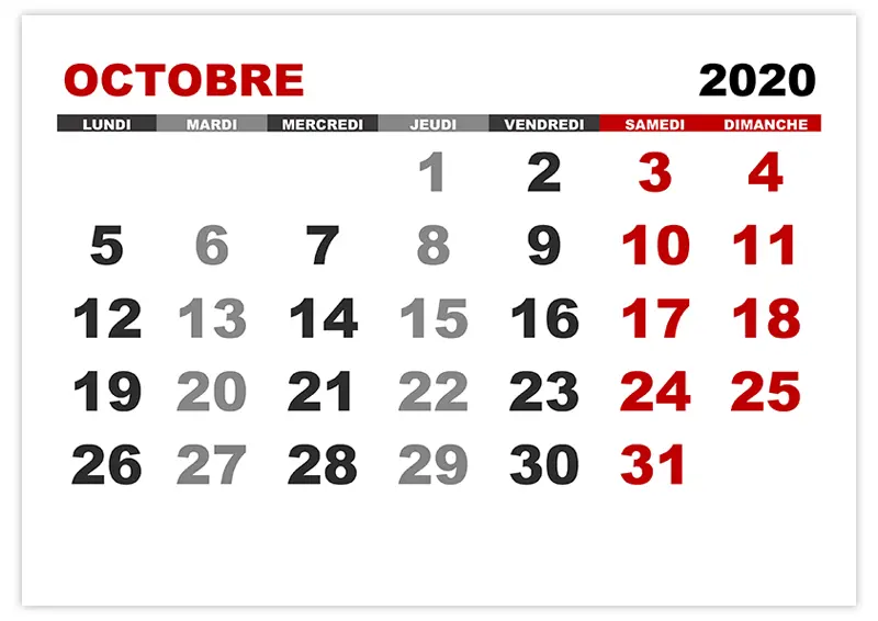 Calendrier octobre 2020