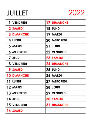 Calendrier blanc vierge juillet 2022 à télécharger