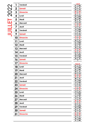 Calendrier pour les notes juillet 2022 avec lignes