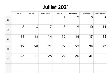 Modèle de calendrier standard juillet 2021 à imprimer