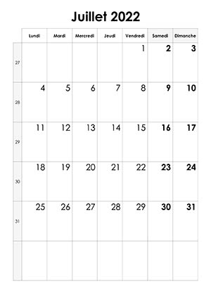 Modèle de calendrier standard juillet 2022 à imprimer