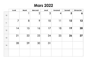 Calendrier mars 2022