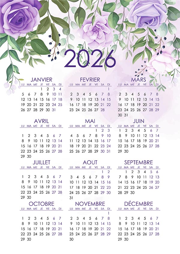 Joli calendrier annuel 2026 illustré à télécharger