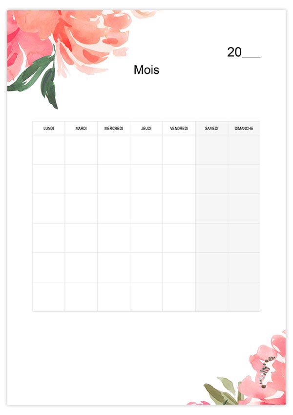 Modèle calendrier vierge 01 gratuit à imprimer