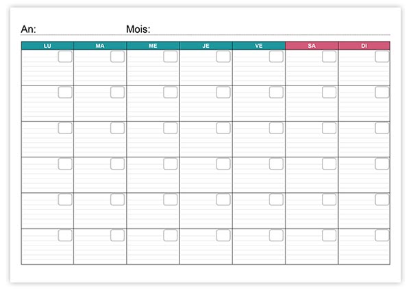 Calendrier sans date vierge à remplir format paysage