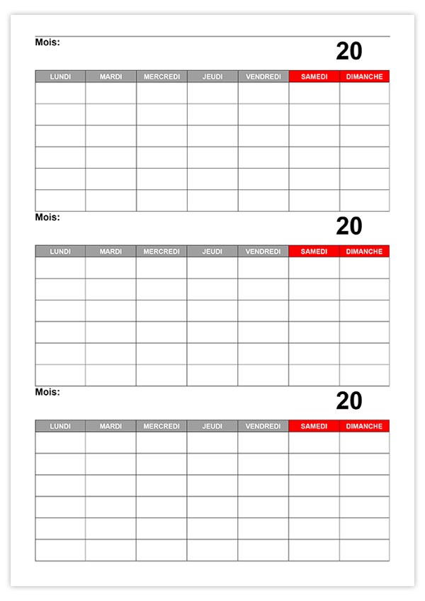 Calendrier à remplir soi-même Word et PDF