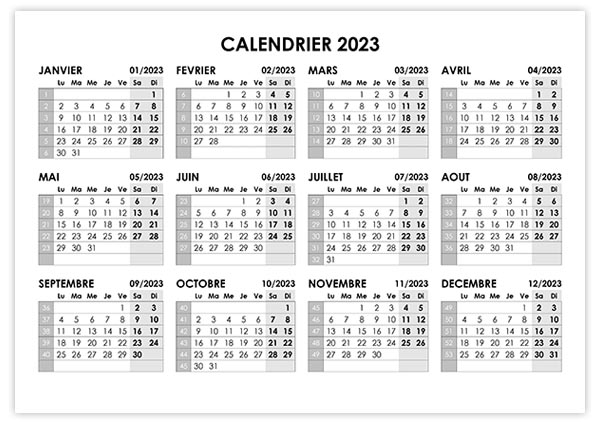 Modèle de calendrier standard 2023 à imprimer