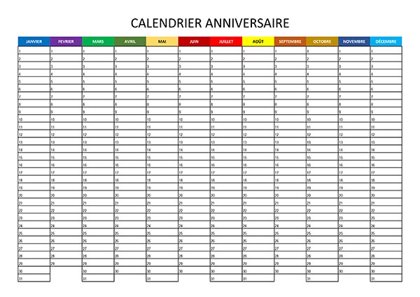Fiche calendrier anniversaire à imprimer chez soi