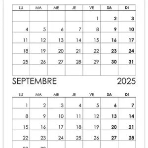 Calendrier août, septembre 2025