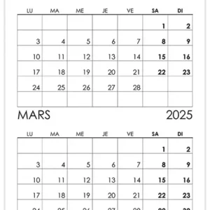 Calendrier février, mars 2025