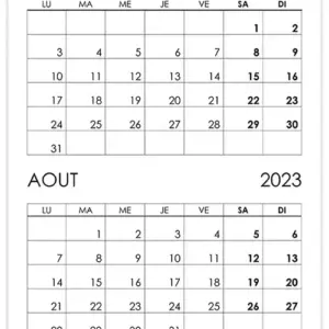 Calendrier juillet, août 2023