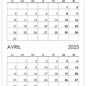 Calendrier mars, avril 2025
