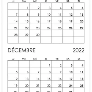 Calendrier novembre, décembre 2022