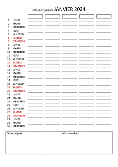 Calendrier familial 2024 Calendario della famiglia Gennaio da stampare gratuito