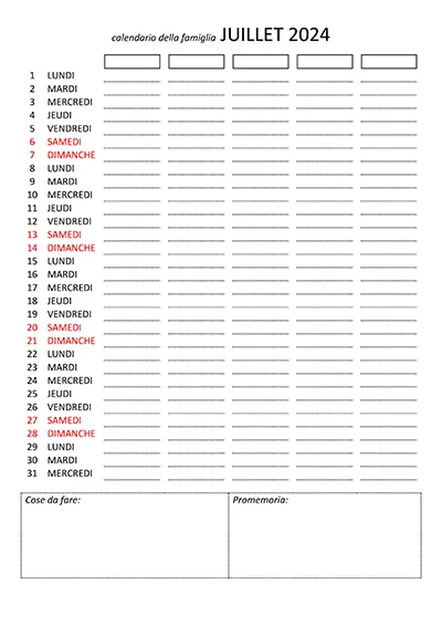 Calendario della famiglia Luglio a colonne verticali