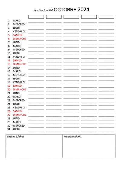 Printable monthly family planner Ottobre sheet