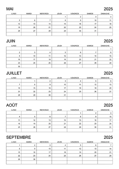 Calendrier Mai-Septembre 2025