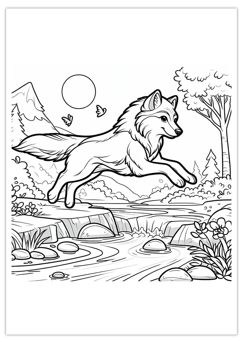 Coloriage Loup sautant par-dessus un ruisseau