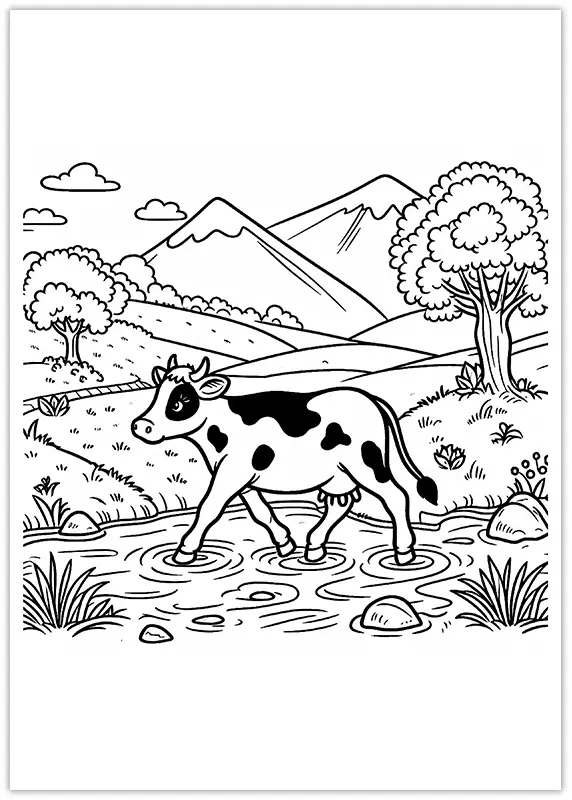 Coloriage - Vache traversant un ruisseau