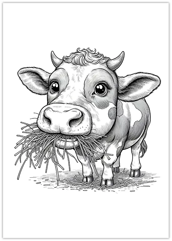 Coloriage de Vache mâchant du foin