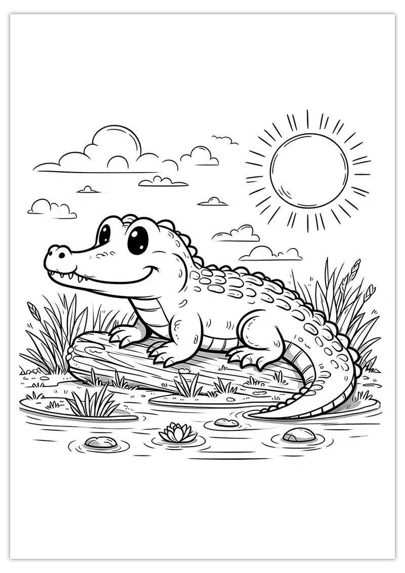 Coloriage d'un crocodile sur une bûche