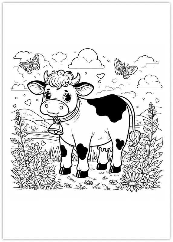 Coloriage d'une vache dans le pré