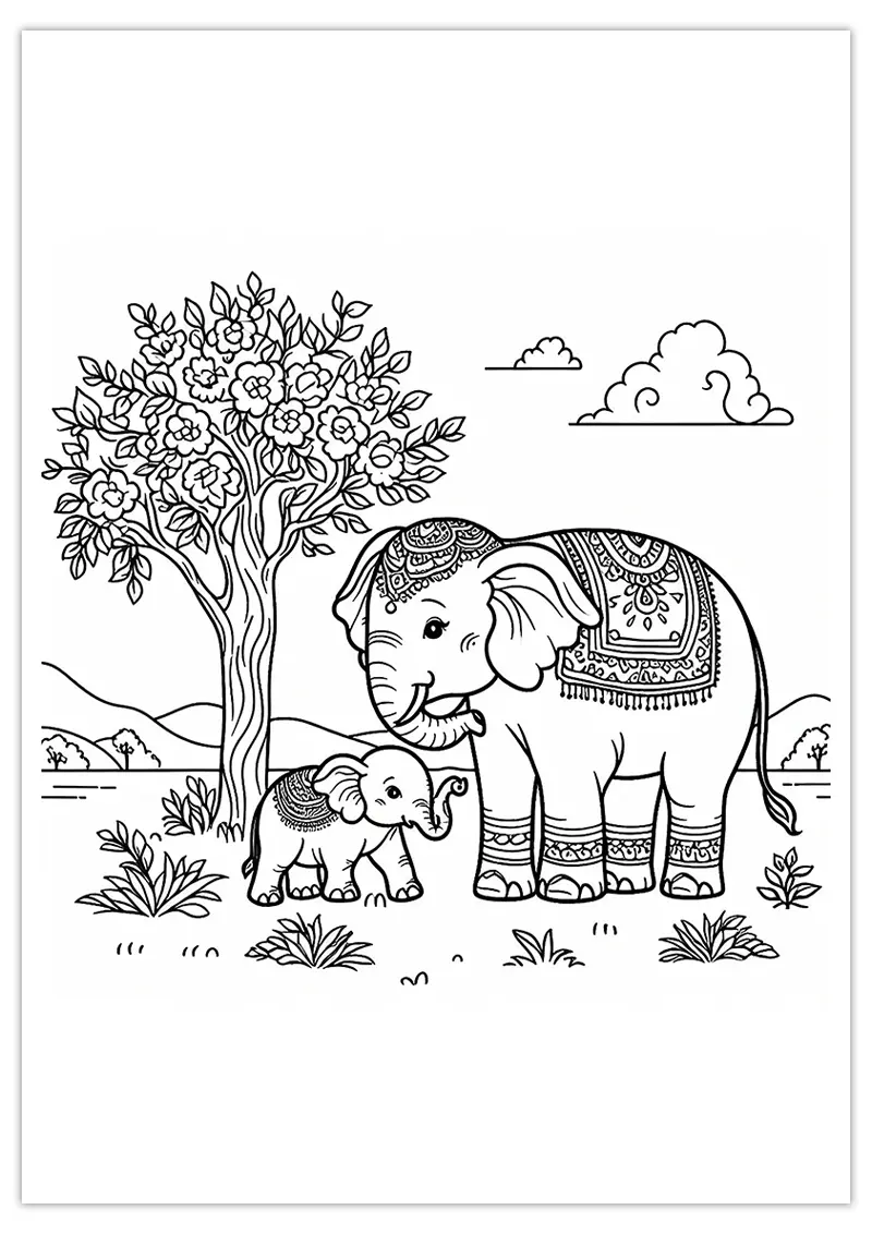 Coloriage éléphant avec bébé éléphant