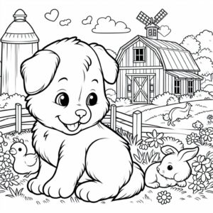 Bébé chien souriant dans une ferme avec un lapin et un poussin