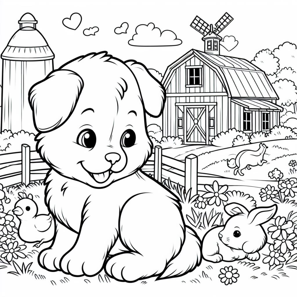 Bébé chien souriant dans une ferme avec un lapin et un poussin