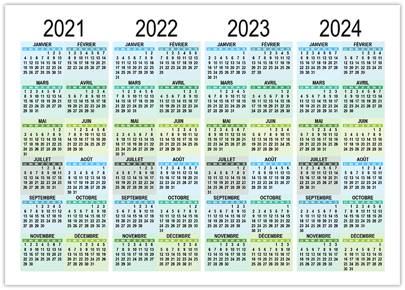 Calendrier de 2021 à 2024 à imprimer
