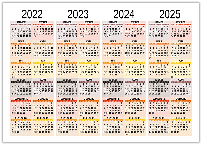 Calendrier de 2022 à 2025 à imprimer