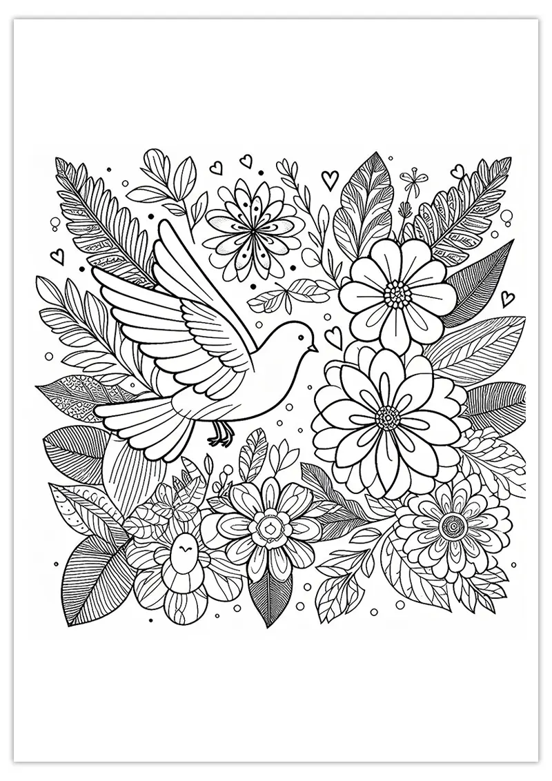 Coloriage de fleurs avec colombe