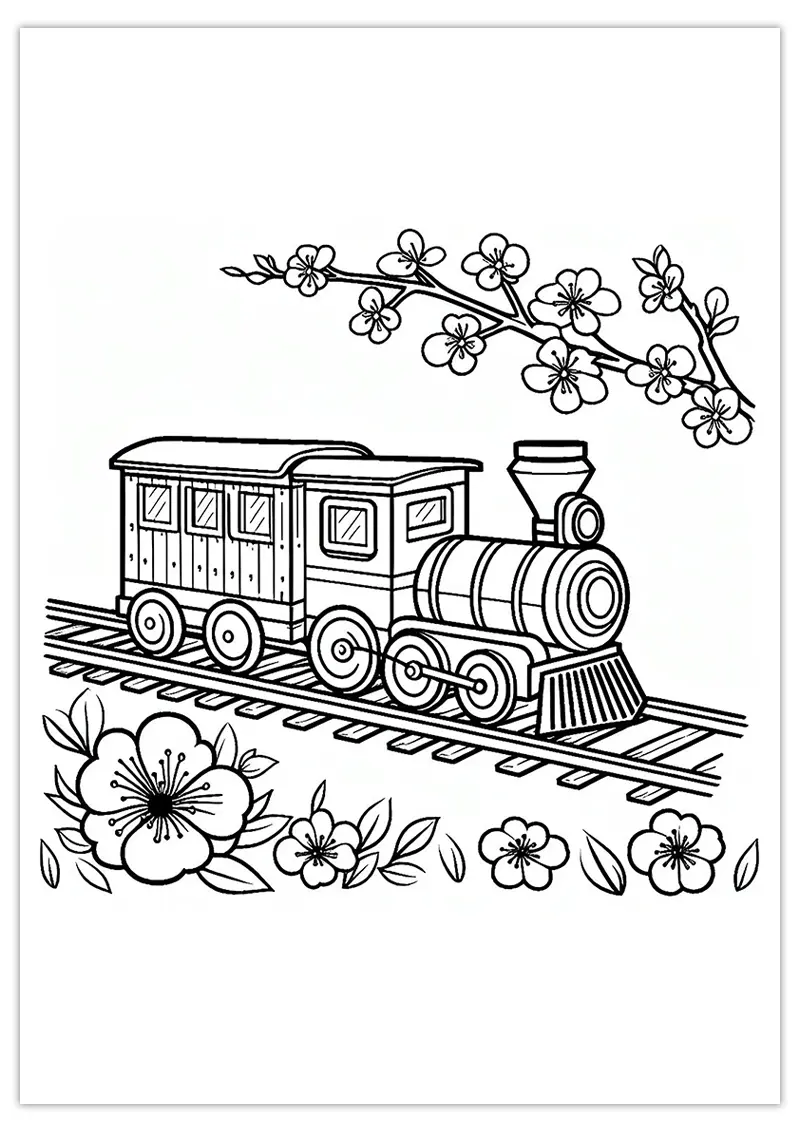 Coloriage de train au printemps