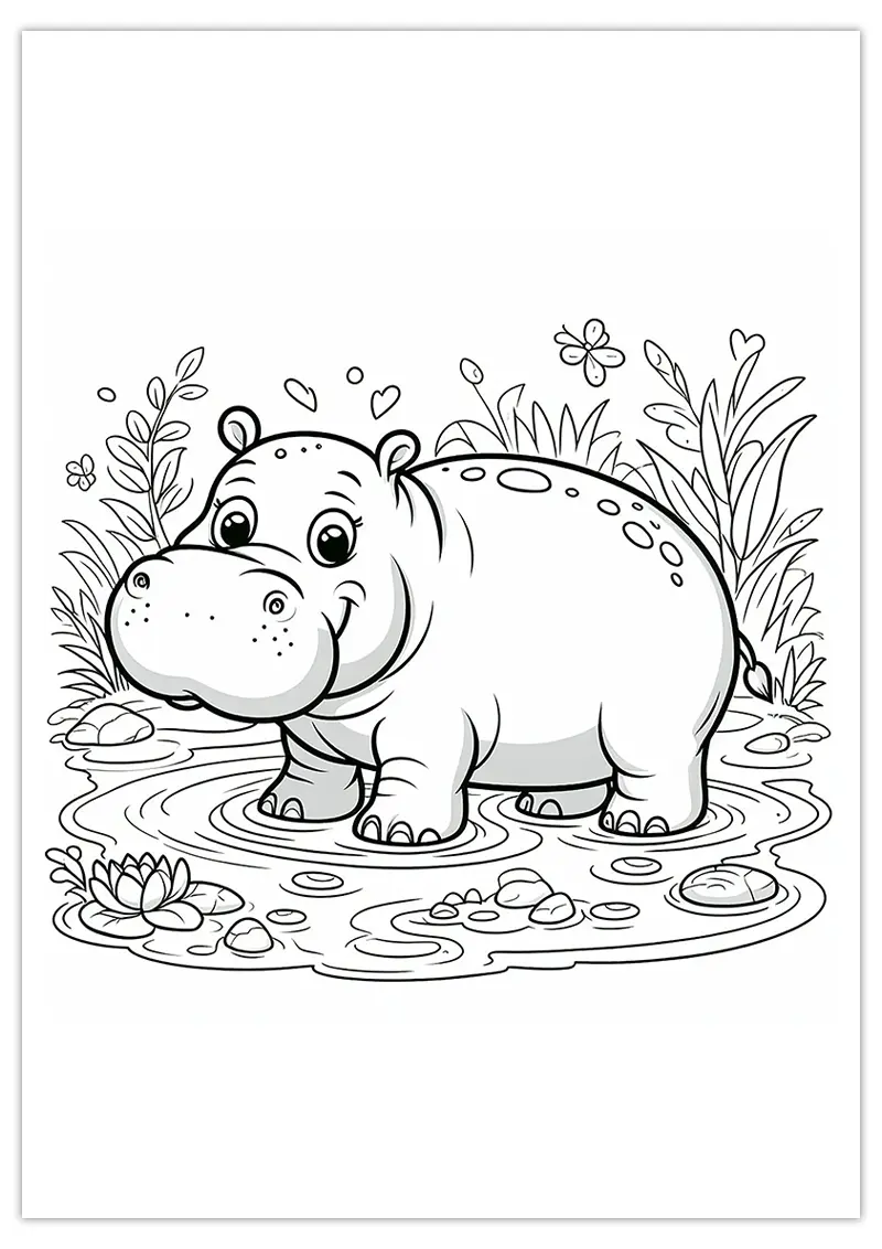Coloriage hippopotame dans une flaque d'eau