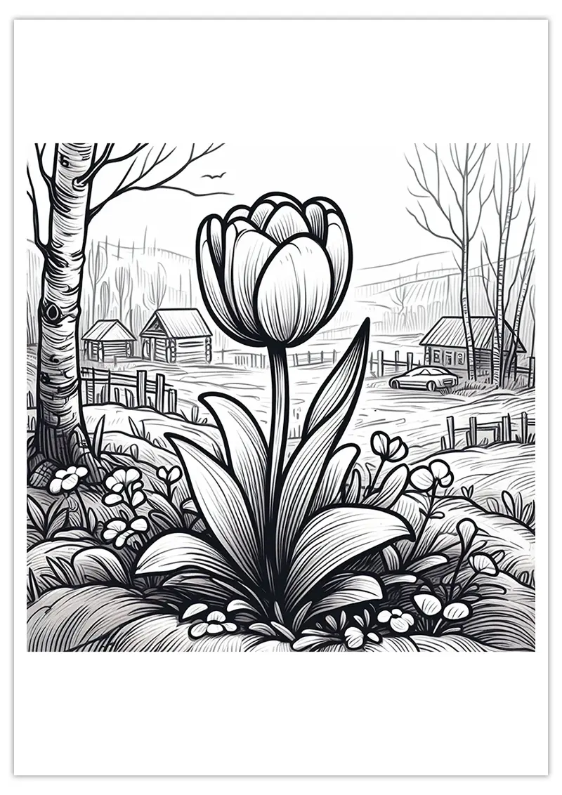 Coloriage tulipe dans le village