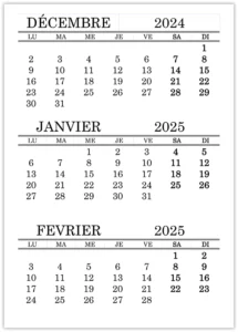 Calendrier décembre 2024, janvier, février 2025 à imprimer
