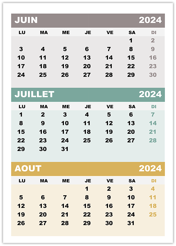 Calendrier juin, juillet, août 2024 à imprimer