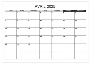 Calendrier avril 2025 Agenda-classique-pour-avril-2025