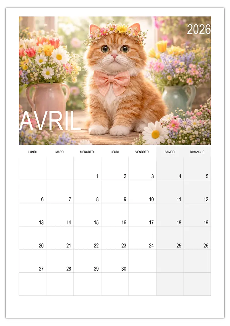 Calendrier Avril 2026 avec Chat : Votre planning gratuit à imprimer