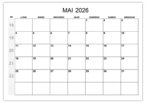 Calendrier Mai 2026 avec Numéros de Semaine