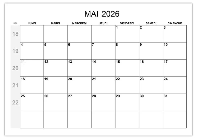 Calendrier Mai 2026 avec Numéros de Semaine : Organisez votre Printemps