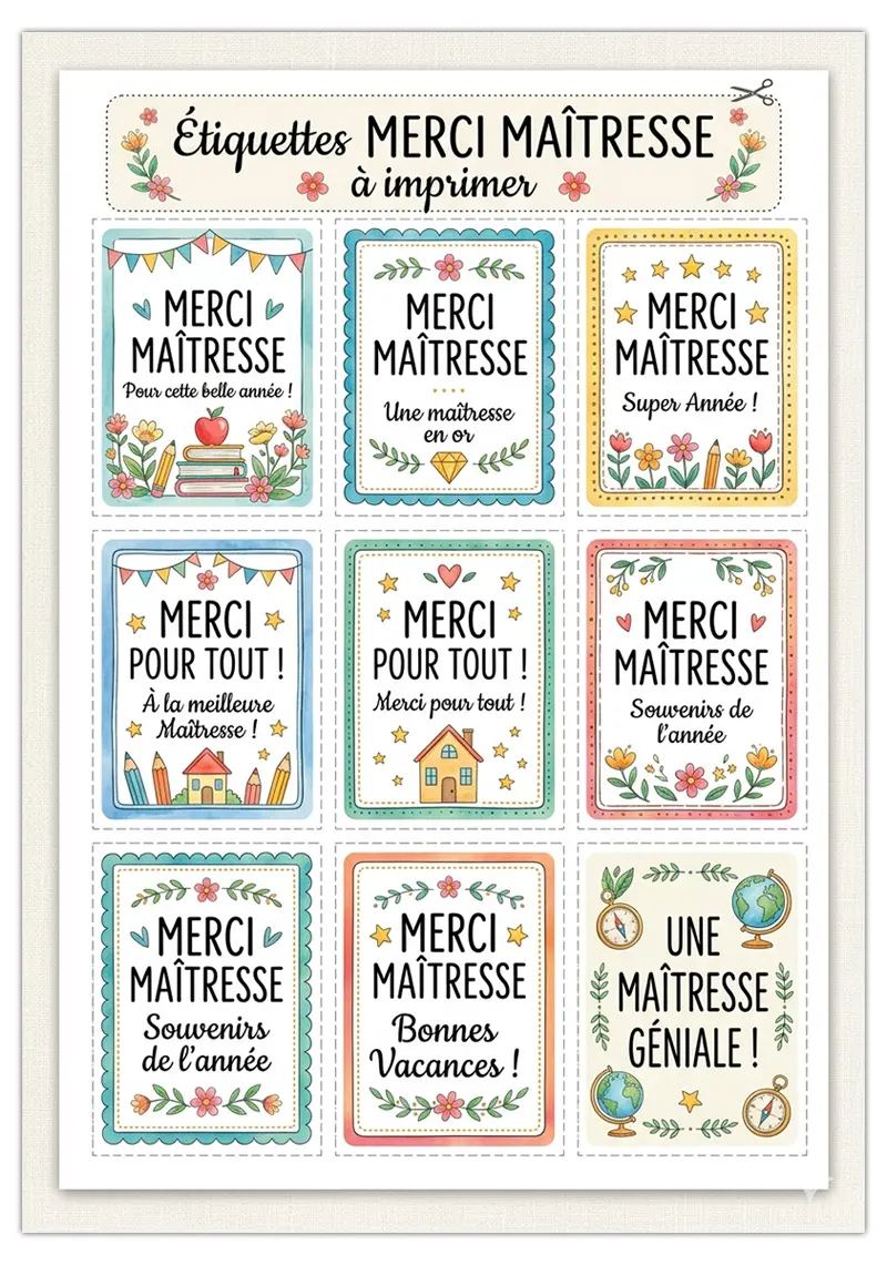 Étiquettes merci maîtresse à imprimer