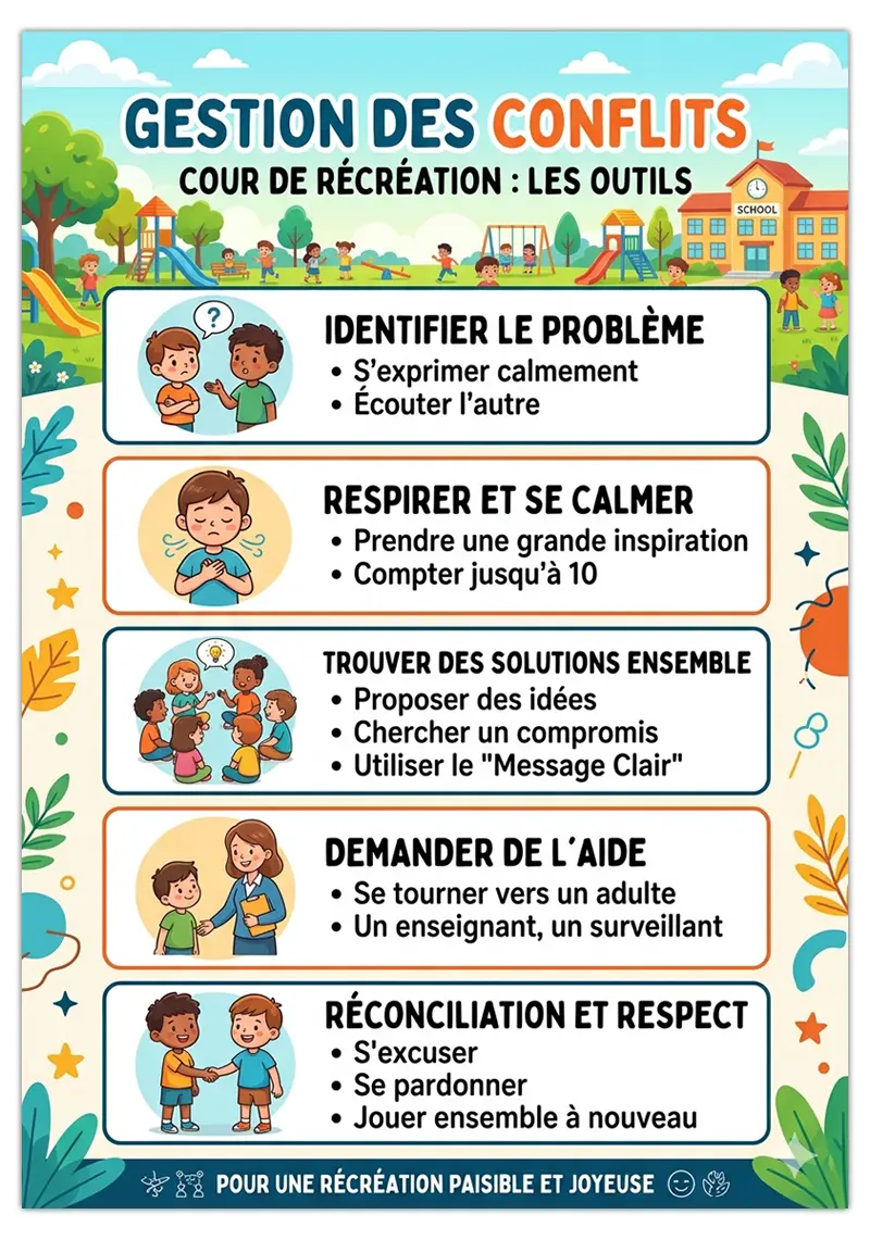 Gestion des conflits en cour de récréation : Outils et affichage prêt à imprimer