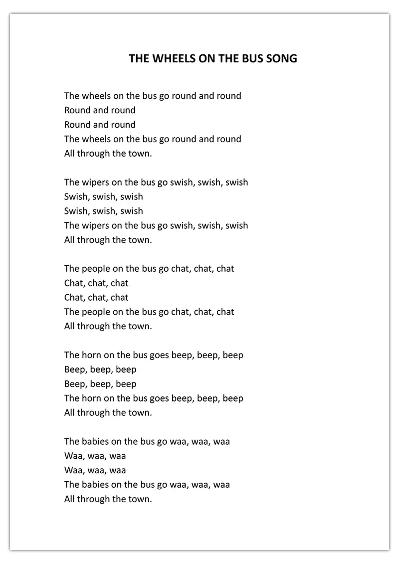 Chanson &lsquo;The wheels on the bus&rsquo; à imprimer