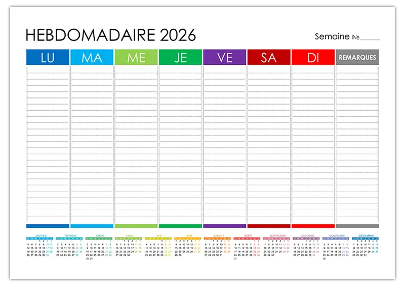 Agenda hebdomadaire à imprimer avec calendrier 2026 – modèle gratuit en PDF et Word