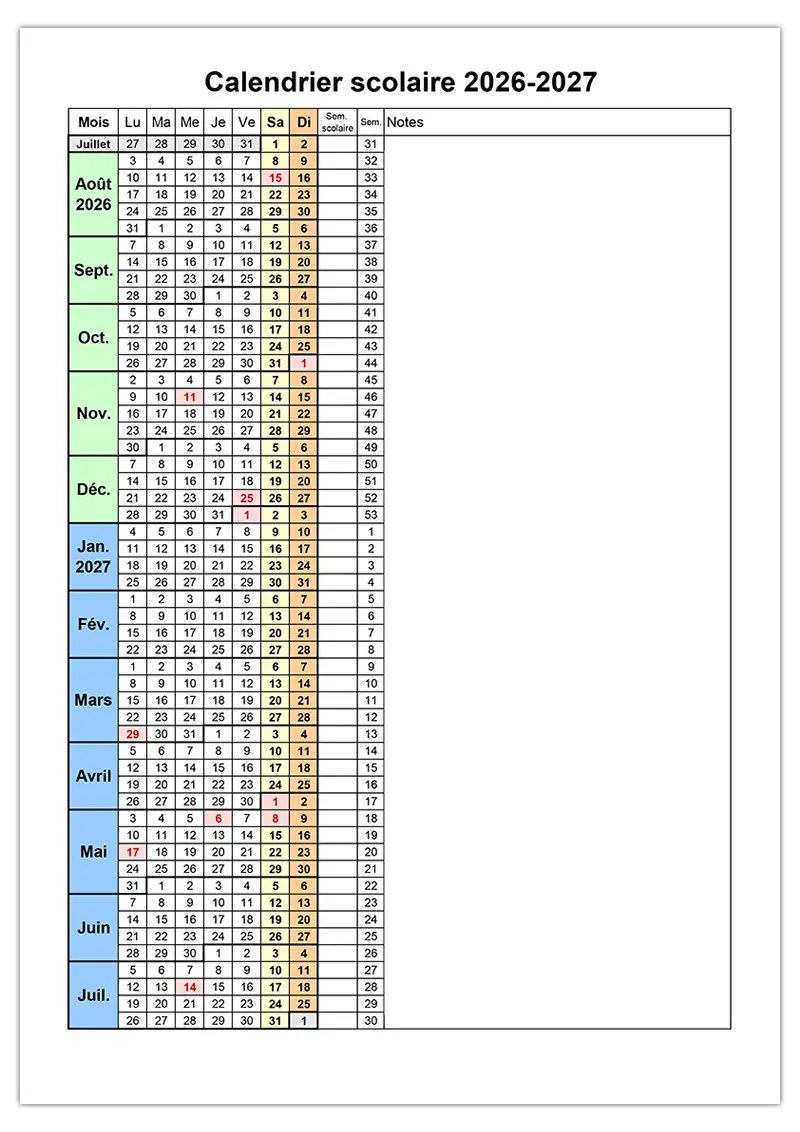 Calendrier pour enseignants à imprimer — modèle pratique pour l’année scolaire 2026–2027