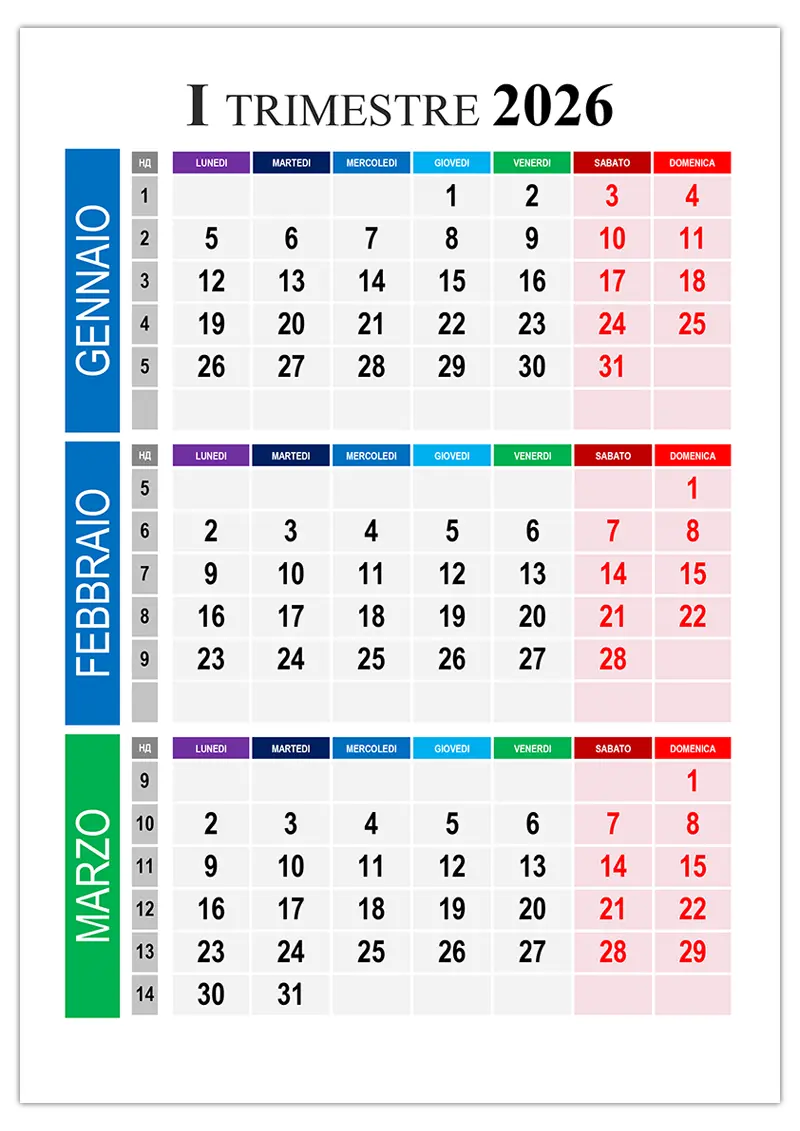 Calendrier du 1er trimestre 2026 à imprimer
