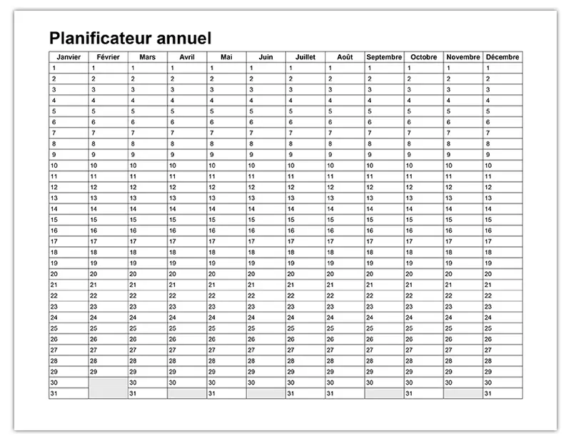 Grille annuelle 365 cases — Une case par jour (Format A4)
