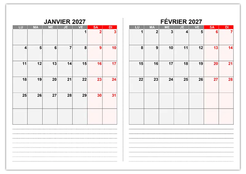 Calendrier de bureau 2027